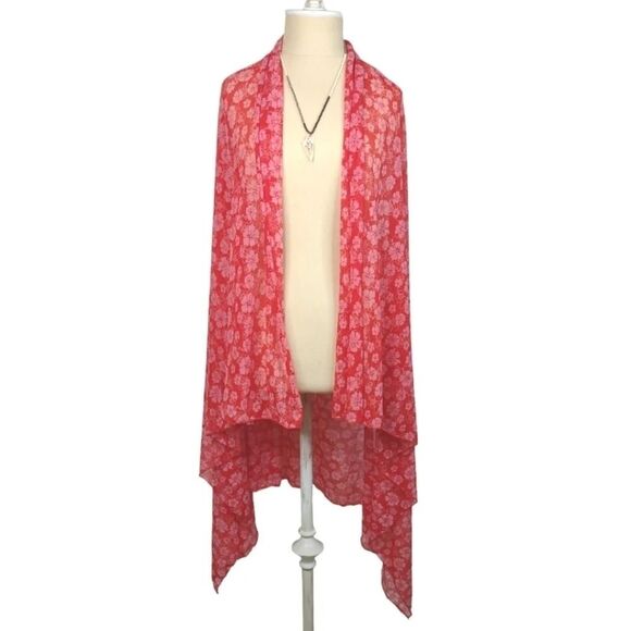 Beach Cover Up Hibiscus Stretchy Sheer Wrap Shawl Pink 45 in by 62 in Plus Size - Picture 1 of 10